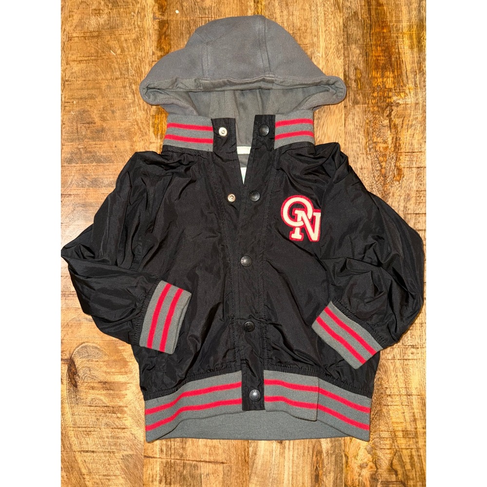 Old Navy Kids Black Varsity Windbreaker Jacket Phys Ed Crew Hooded 2T FAL08